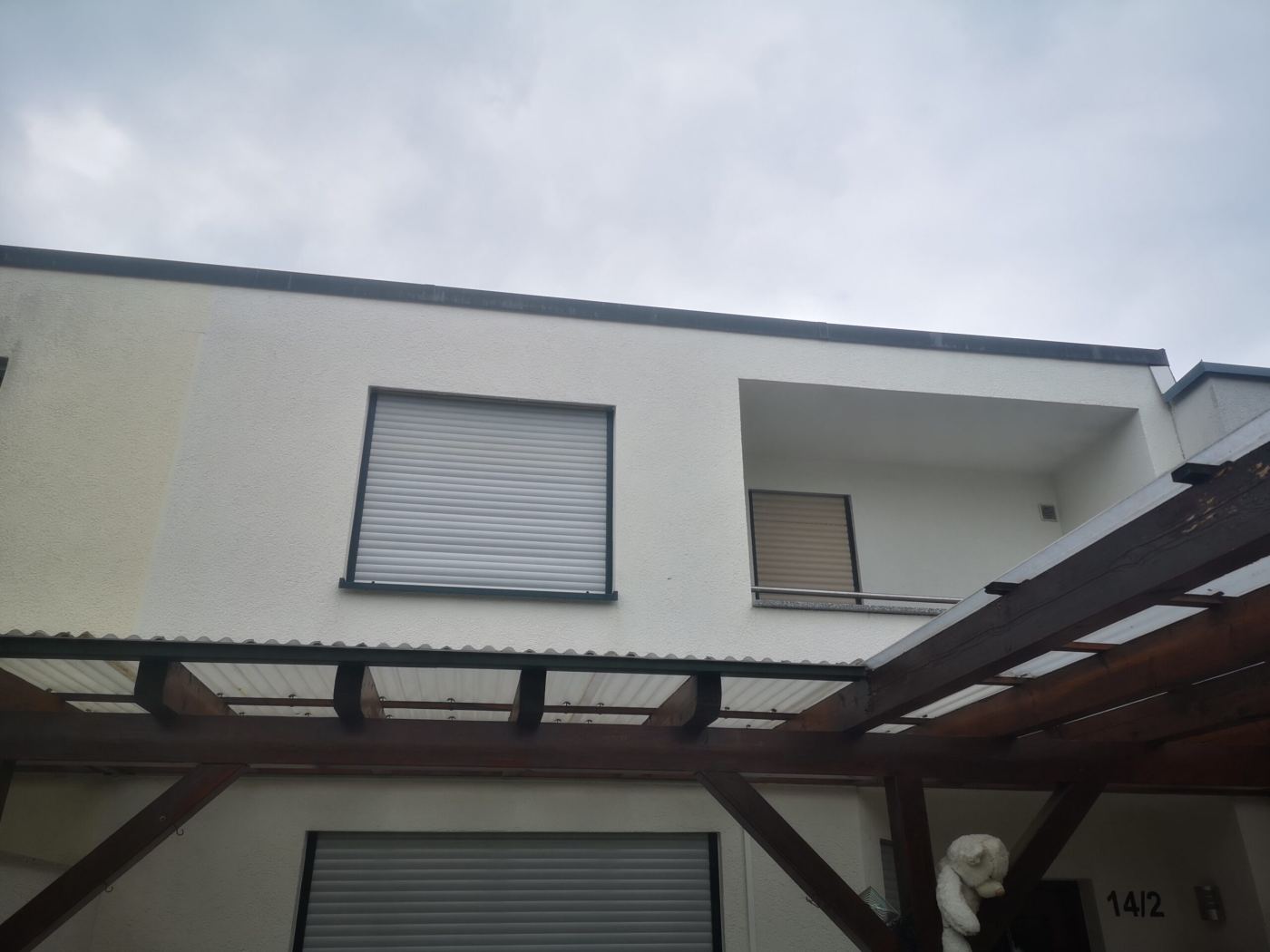 Vorher: Flachdachhaus mit grünem Schleier